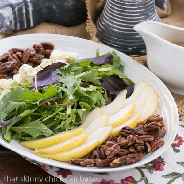 Blue Cheese and Pear Salad | A perfect fall or winter salad with candied pecans and a maple vinaigrette