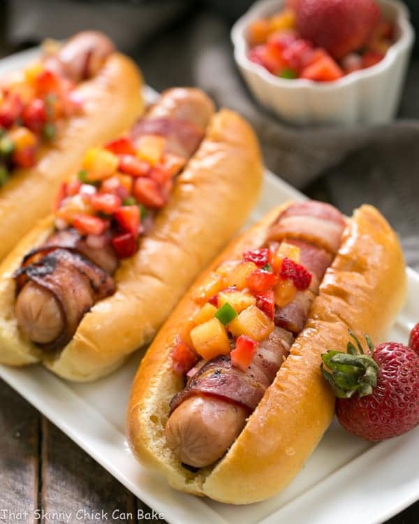 Bacon Wrapped Hot Dogs with Fruit Salsa #SundaySupper - That Skinny ...