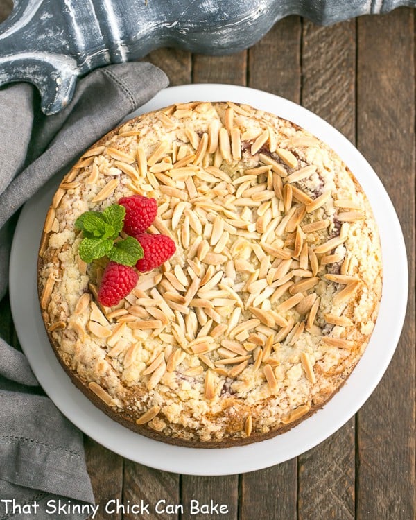 Overhead view Raspberry Cream Cheese Coffee cake topped with almonds.