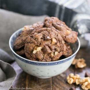 Chocolate Toffee Cookies - Rich, chewy brownie cookies filled with chunks of toffee and walnuts