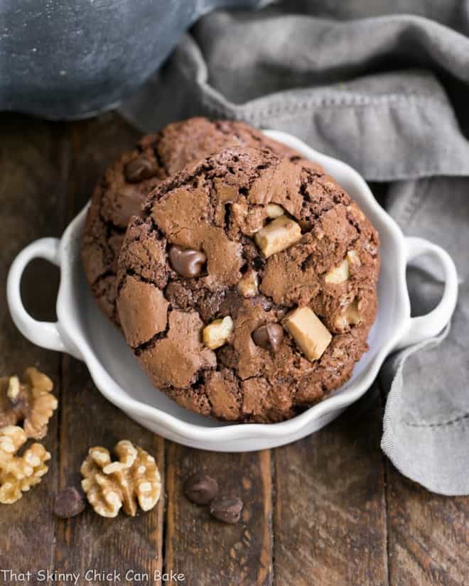 Chocolate Toffee Cookies in a small white terrine,