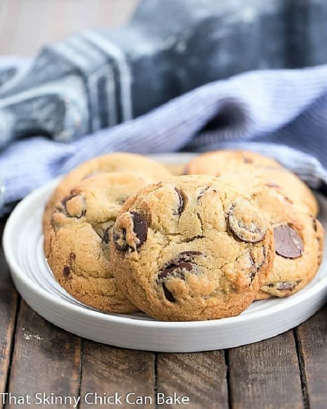 Jacques Torres' Secret Chocolate Chip Cookies on a white plate.