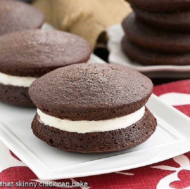 Classic Whoopie Pies on a white ceramic serving tray.