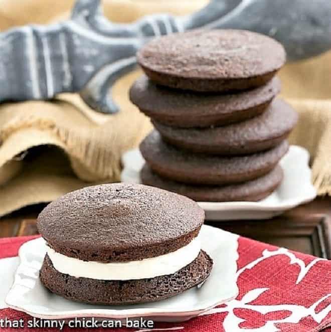 Classic Whoopie Pies on white dessert plates