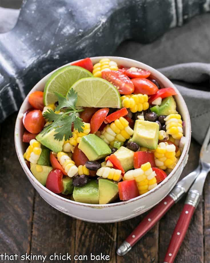Avocado and Corn Salad in a white bowl