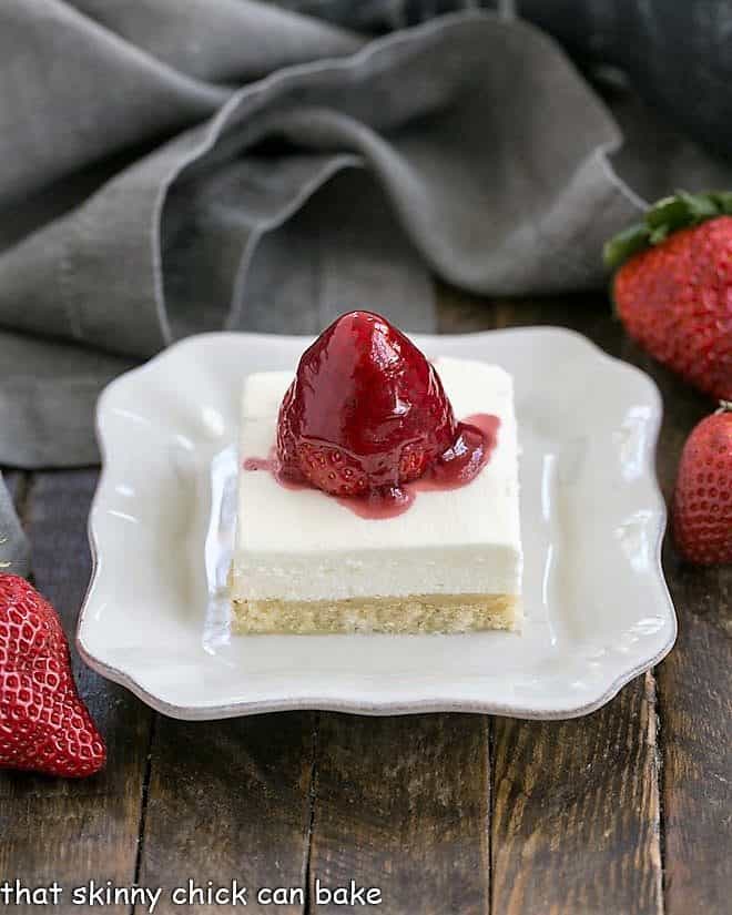 Slice of Strawberry Pie Dessert on a square white dessert plate