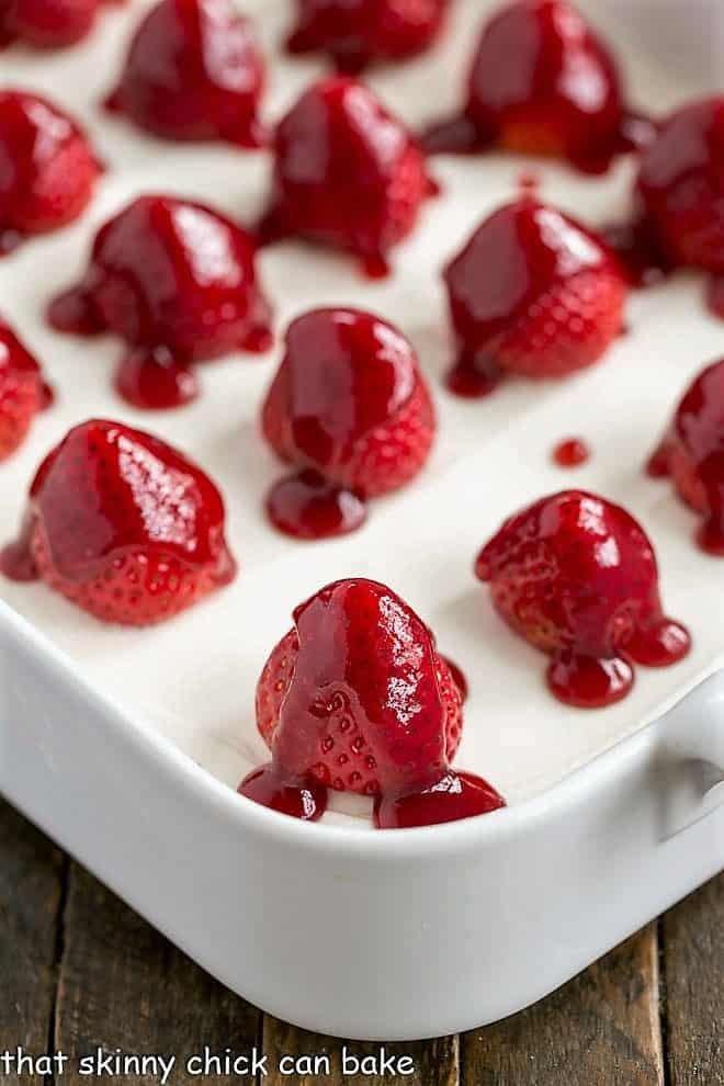  Strawberry Pie Dessert in a white ceramic 9 x 13 dish.