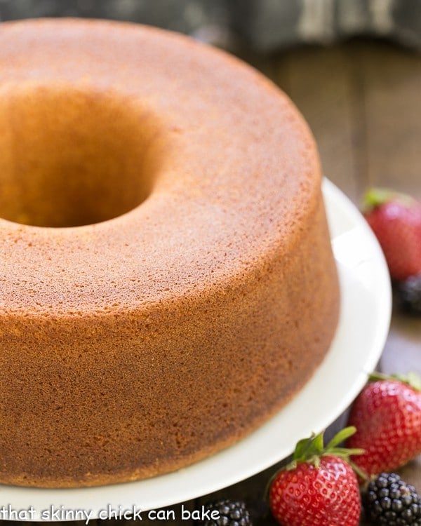 Pound Cake on a white cake plate.