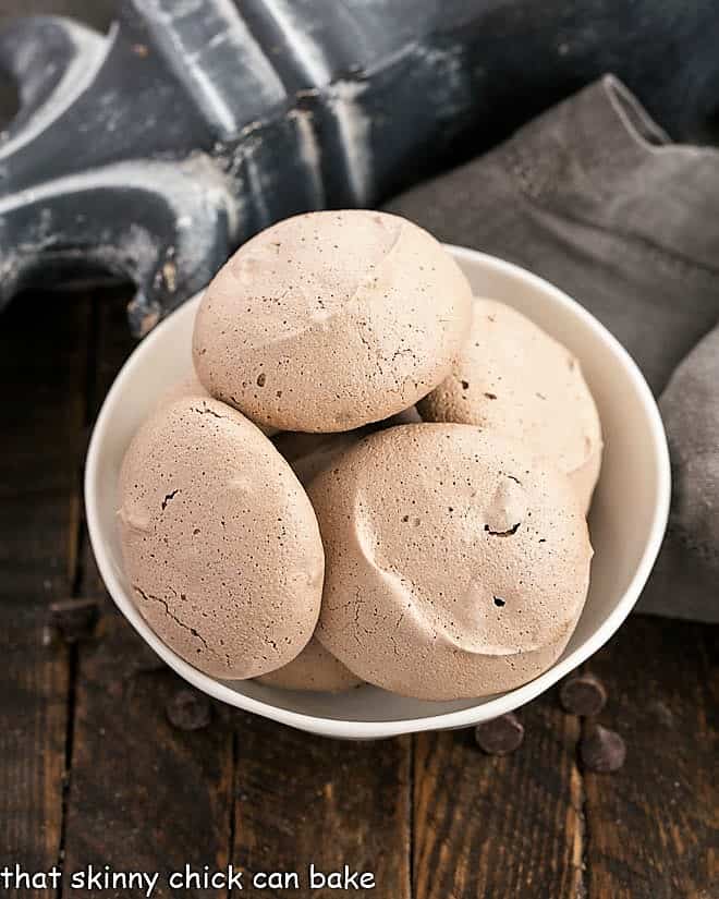 Chocolate Chip Meringues in a white bowl.