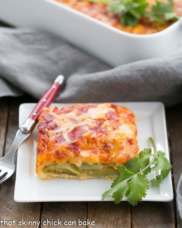 A serving of Chiles Rellenos Casserole on a plate.