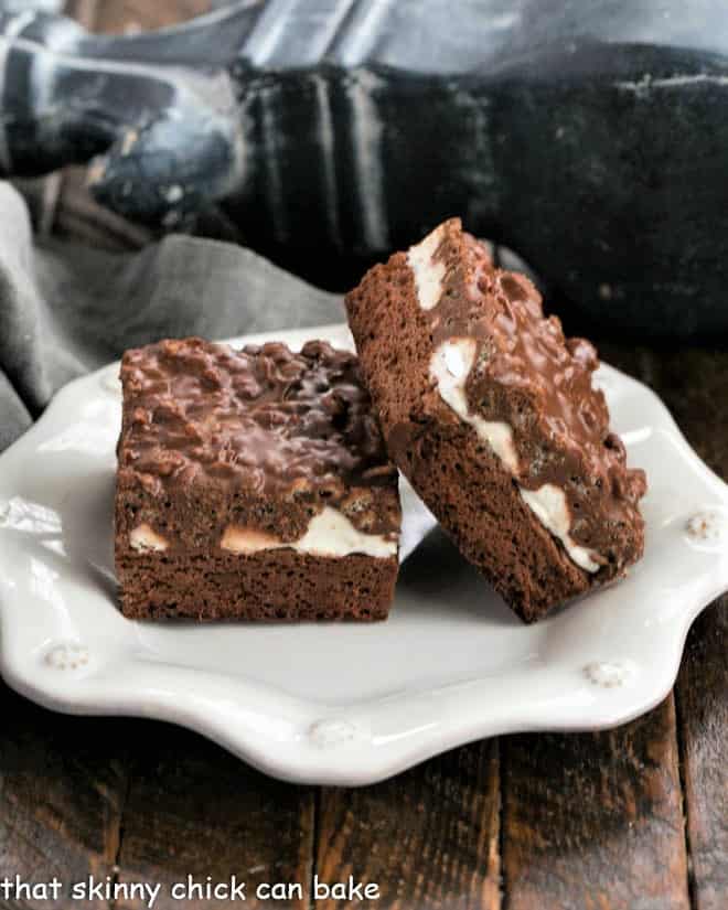 2 Peanut Butter Krispie Brownies on white plate