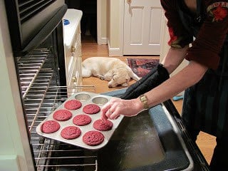 Red Velvet Cupcakes with Cream Cheese Frosting coming out of the oven.