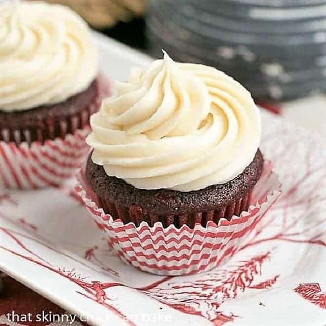 Red Velvet Cupcakes on a Juliska red and white tray.