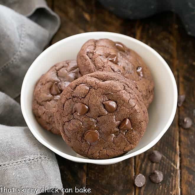 Overhead view of Double Chocolate Cookies in a white bowl