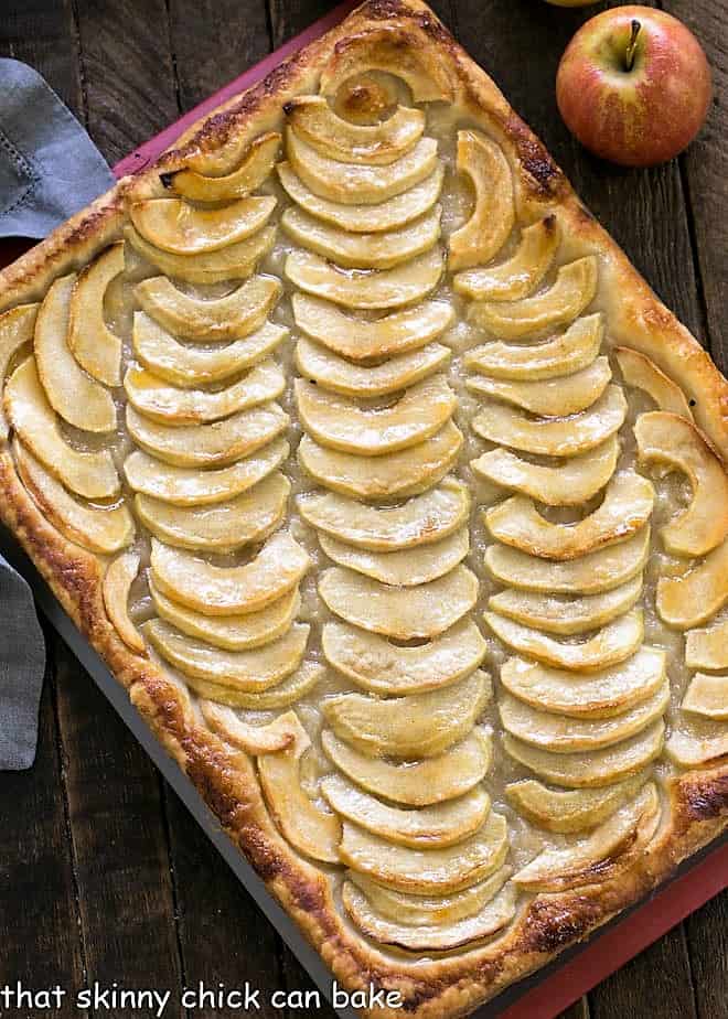 Overhead view of a platter of Easy, buttery French Apple Tart Recipe.