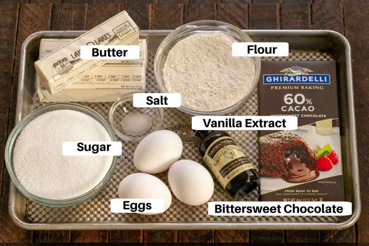 Fat Witch Brownies Ingredients with labels on a metal sheetpan.
