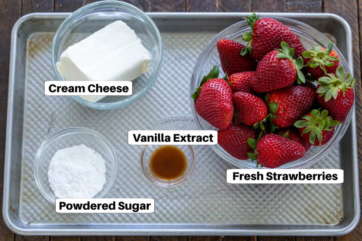 Stuffed Strawberry Ingredients with labels on a metal sheet pan.
