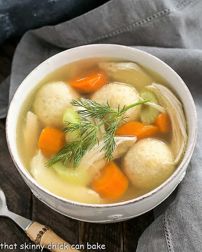 Overhead view of homemade chicken soup.