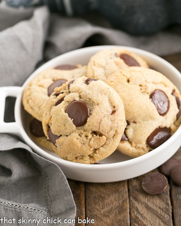 Thick and Chewy Chocolate Chip Cookies in a white terrine