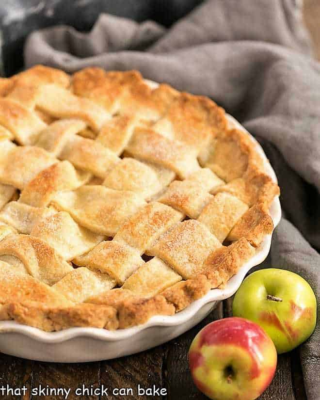 Perfect Apple Pie in a ceramic pie plate.