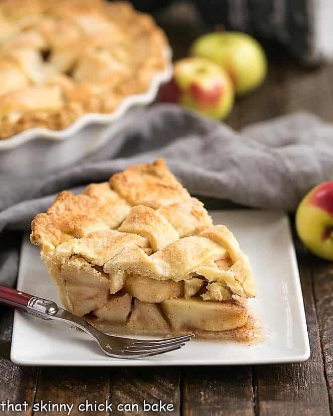 Perfect Apple Pie slice on a square white plate.