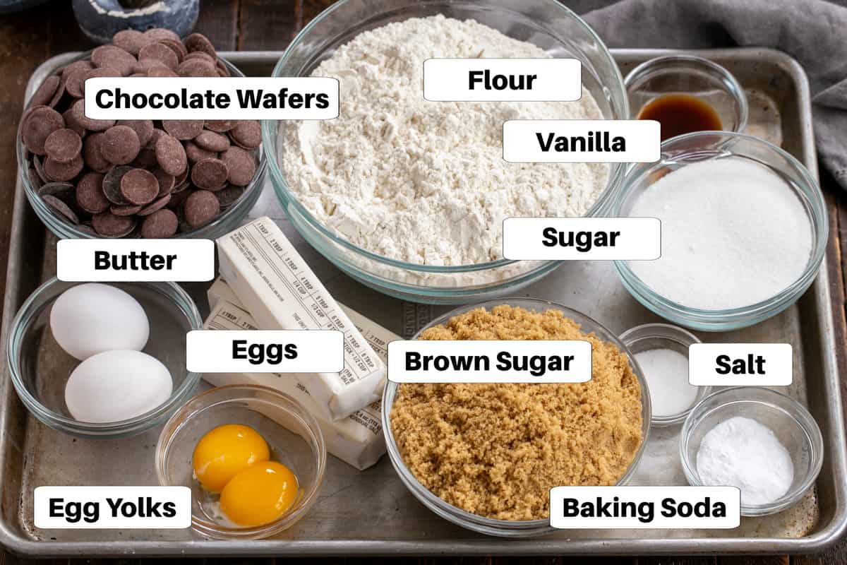 Thick and Chewy Chocolate Chip Cookie Ingredients. on a sheet pan with labels.