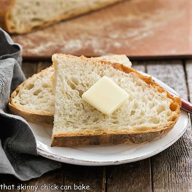 No-Knead Bread Recipe slices on a small white plate