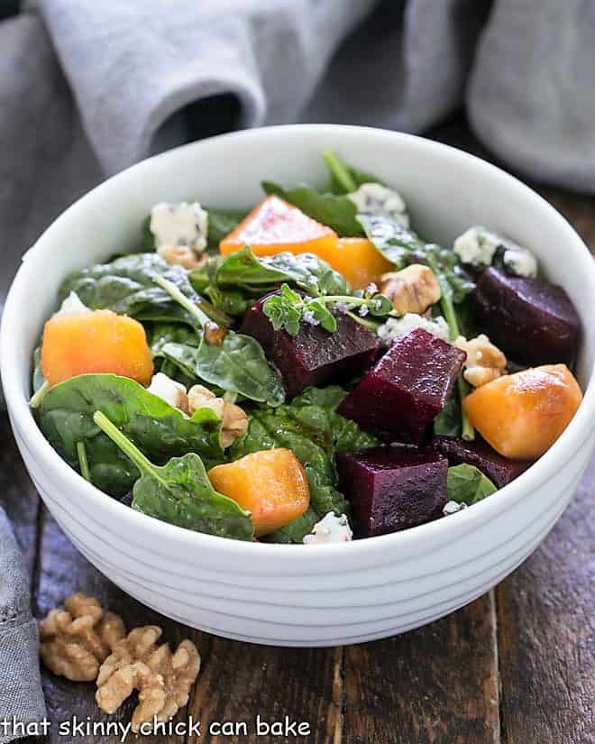 Beet salad in a white salad bowl