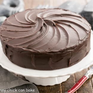 Vertical image of Triple Layer Cocoa Cake on a white cake stand