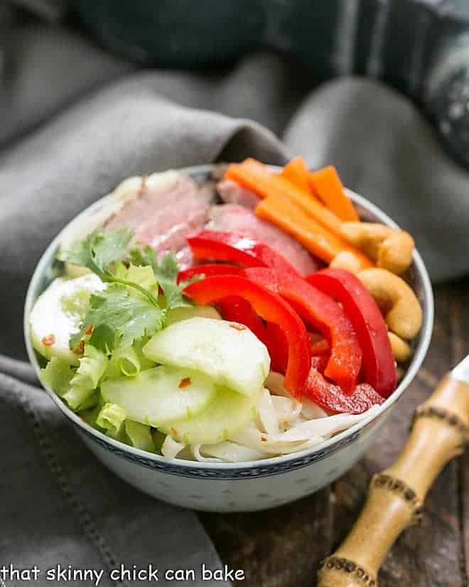 Vietnamese Beef Noodle Bowl in a blue and white dish.