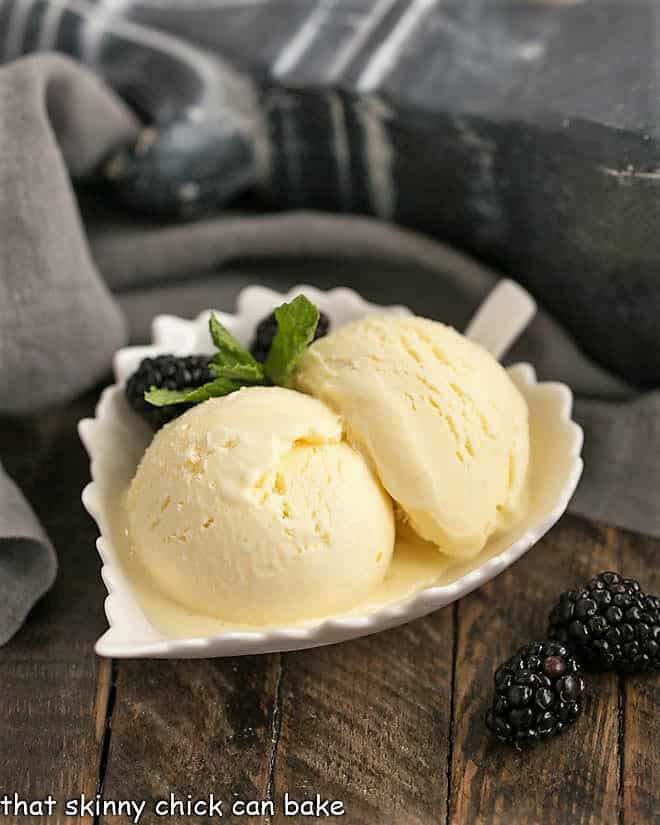 White Chocolate Ice Cream in a white leaf shaped bowl.