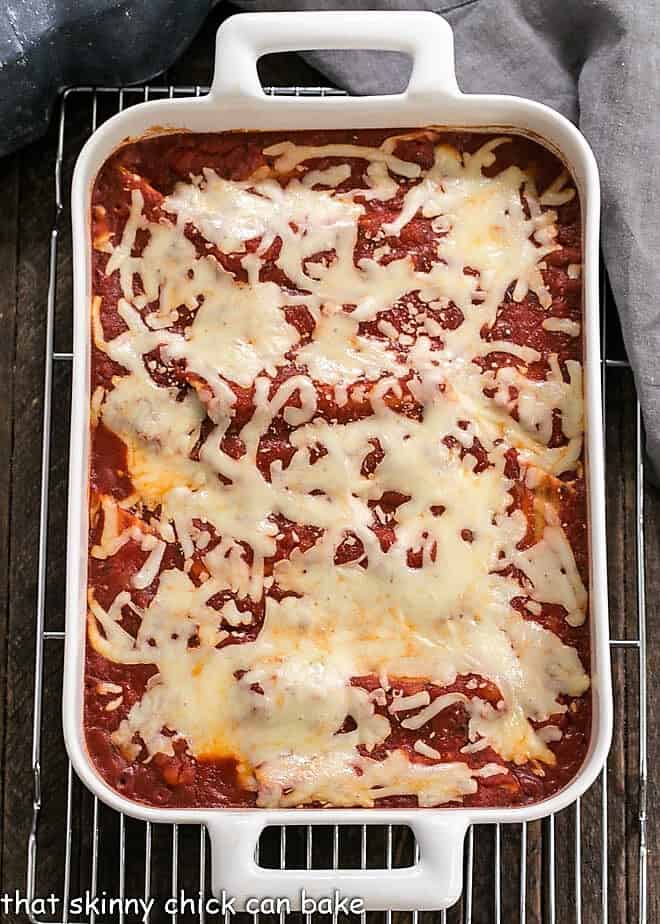 Overhead view of 3 cheese manicotti in a casserole dish