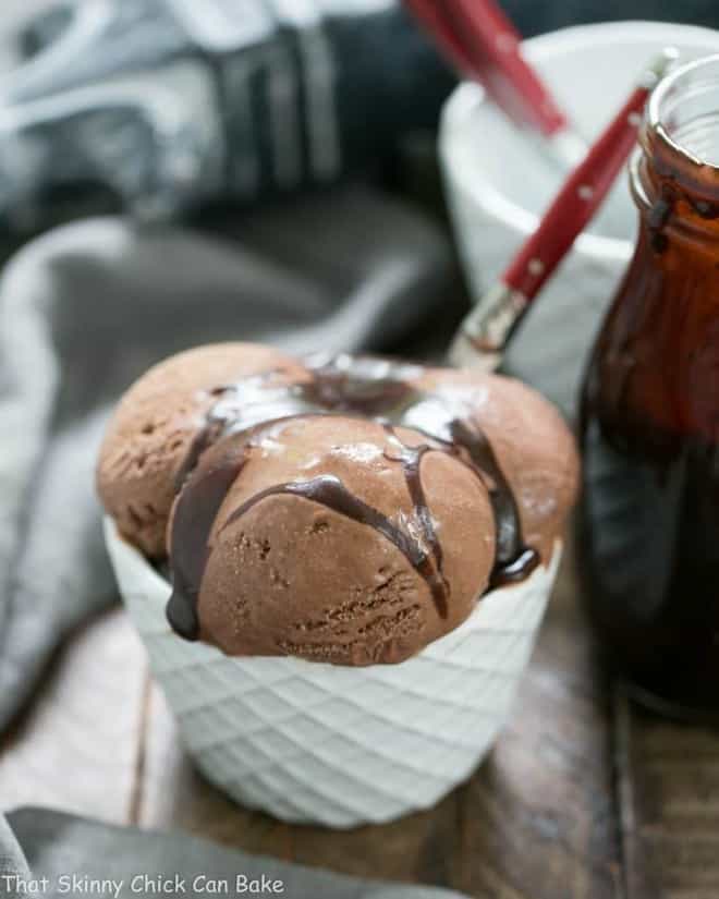 Scoops of Chocolate Ice Cream with Fudge Sauce in a waffle cone patterned bowl