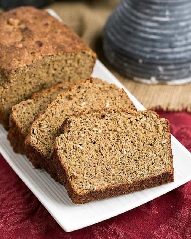 Easy Irish Brown Bread loaf and slices on a white tray