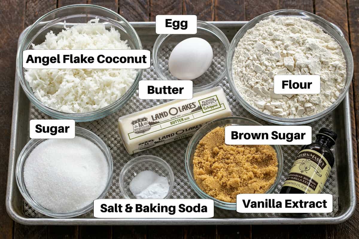 Coconut Cookies Ingredients on a sheet pan with labels.
