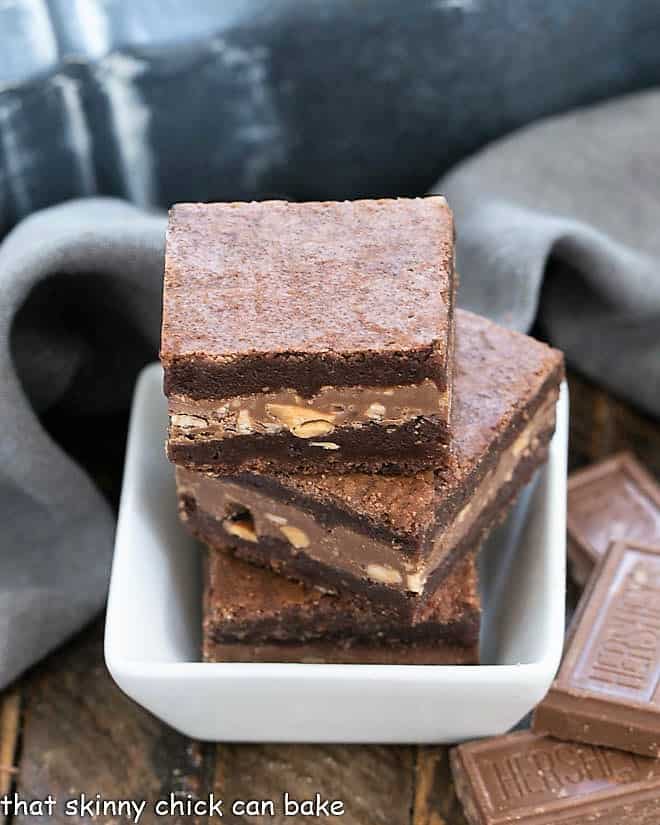 3 Symphony Toffee Brownies in a small square bowl.