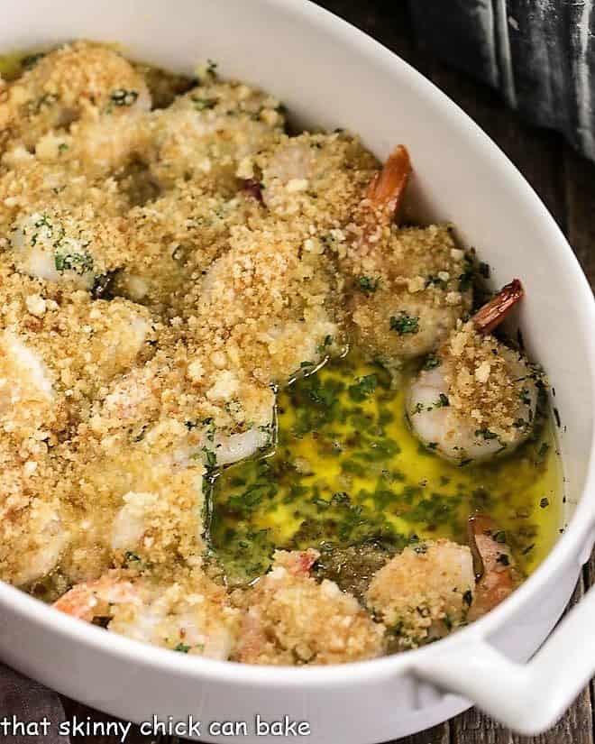 Baked Garlic Shrimp in a casserole dish