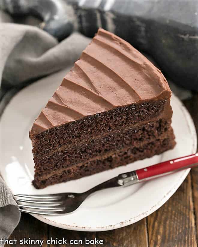 A slice of the best chocolate cake on a white dessert plate