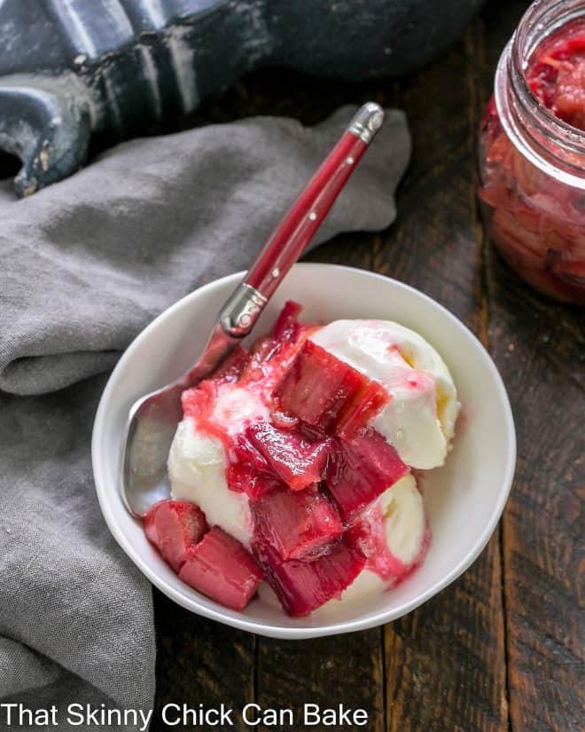 Roasted Rhubarb over a scoops of vanilla ice cream