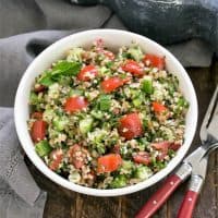 Overhead view Tabbouleh in a white serving bowl