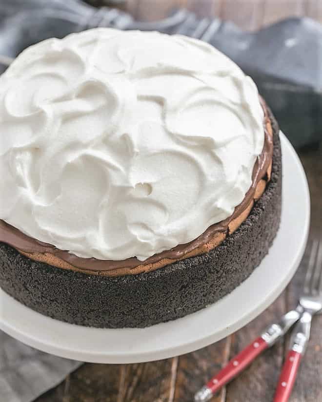 Overhead view of Oreo Mud Pie on a white cake stand