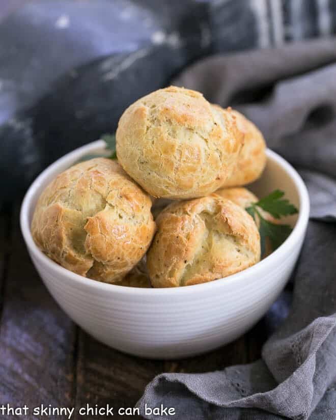 Blue Cheese Gougères in a small white bowl.