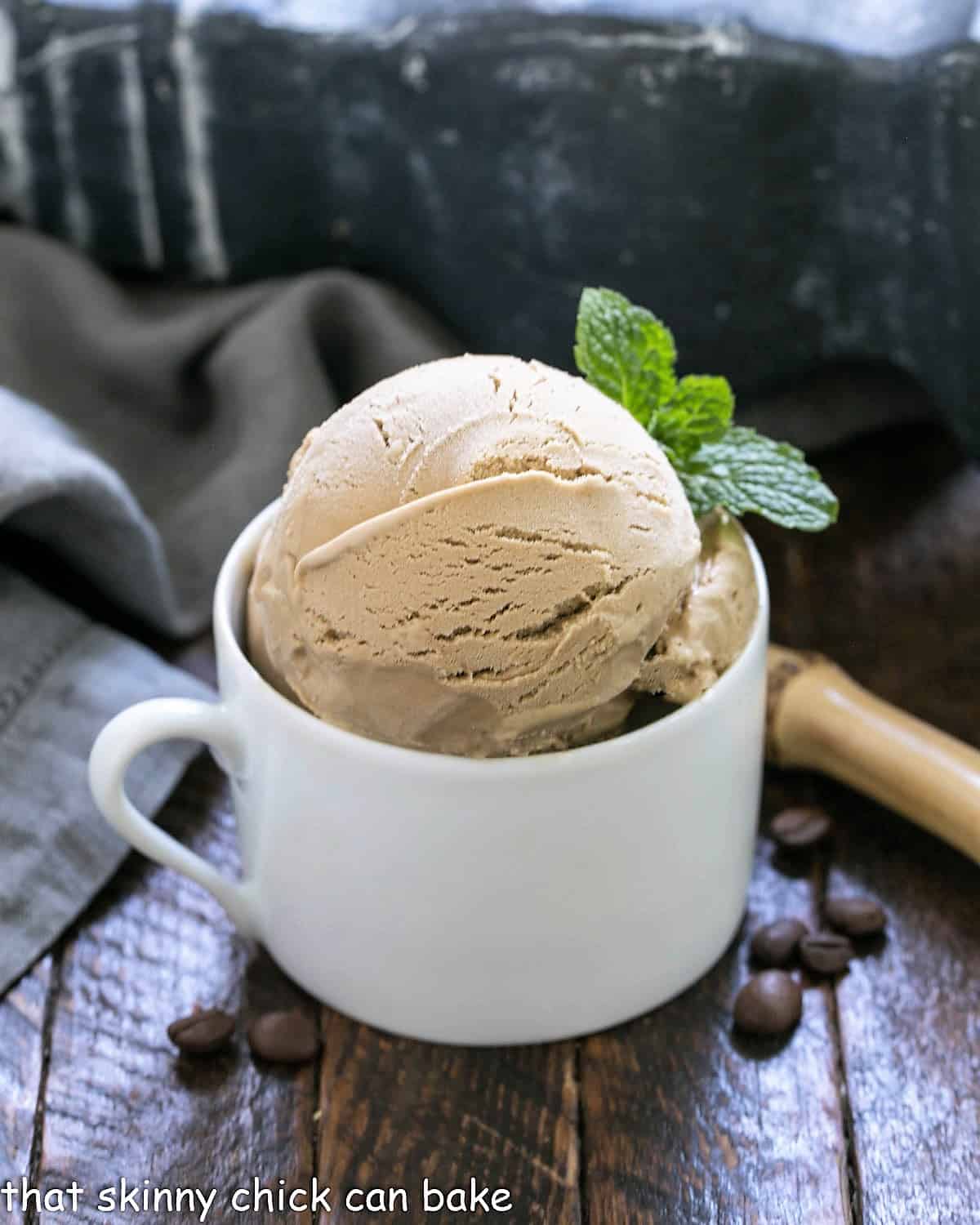 Coffee Ice cream recipe in a short mug with a mint garnish.