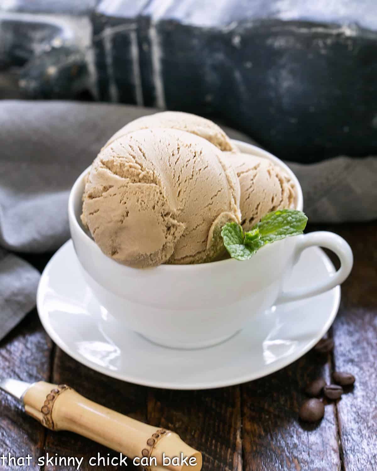 Homemade Ice cream recipe in a white tea cup.