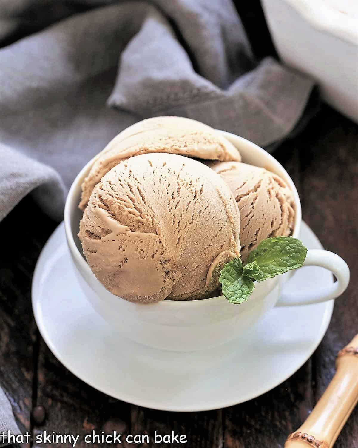 Coffee ice cream in a coffee cup with a sprig of mint.