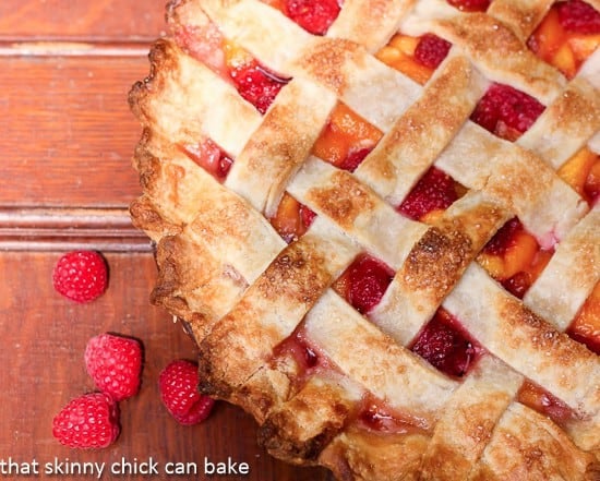 Overhead view of Lattice Topped Peach Raspberry Pie