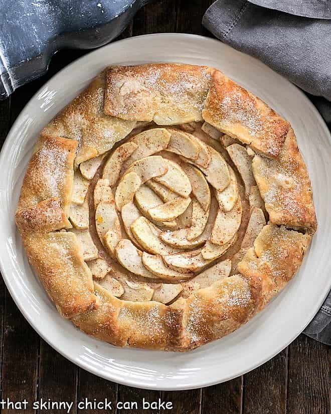 Overhead Rustic Apple Galette on a white plate.