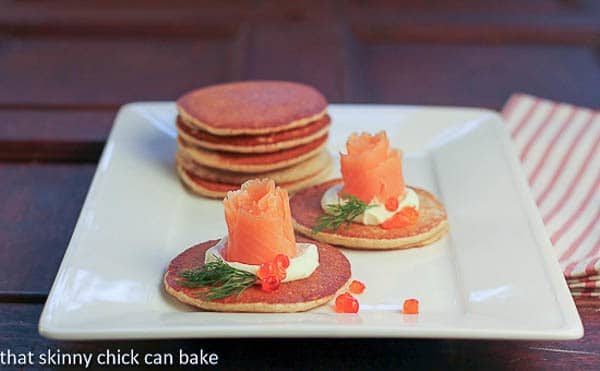 Buckwheat Blini with Smoked Salmon Roses on a serving tray