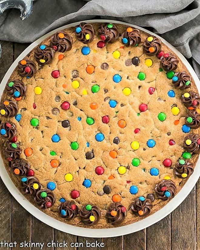 Overhead view of chocolate chip cookie cake