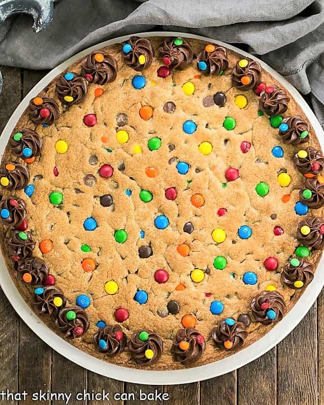 Overhead view of chocolate chip cookie cake.